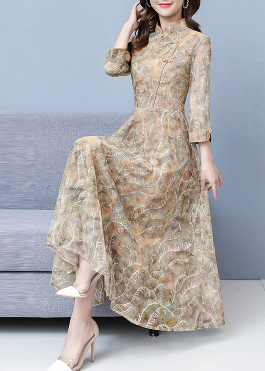 Khaki Print Exra Large Hem Lace Oriental Dresses Fall