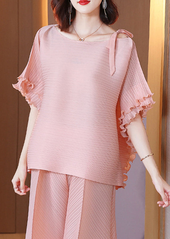 Pink O-neck Top and Wide Leg Pants Two Piece Set Fall