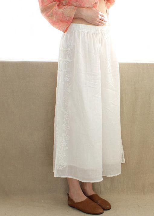 French White Embroidery Pants Summer Elastic Waist Work Pant