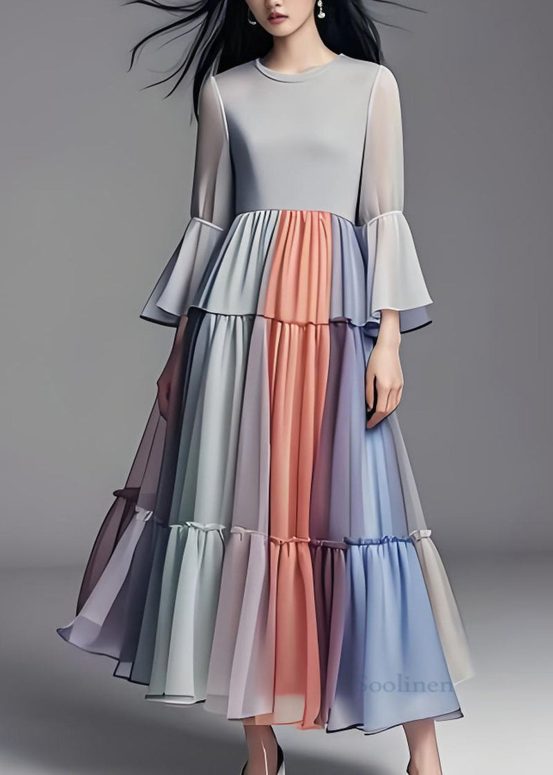 Colorblock Wrinkled Patchwork Chiffon Dress Flare Sleeve