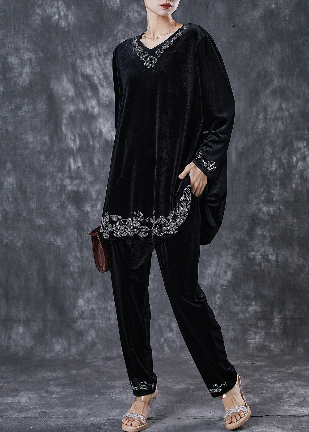 Black Oversized Zircon Silk Velvet Two Pieces Set Spring
