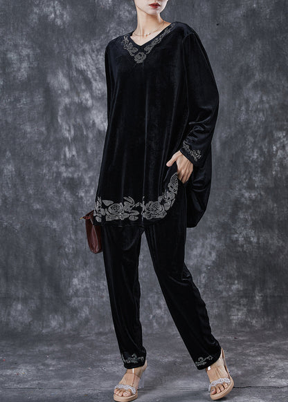 Black Oversized Zircon Silk Velvet Two Pieces Set Spring