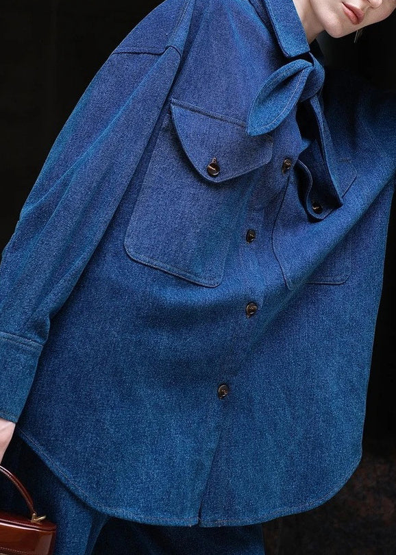 Denim Blue Peter Pan Collar Button Shirt and Pants Two Pieces Set Spring