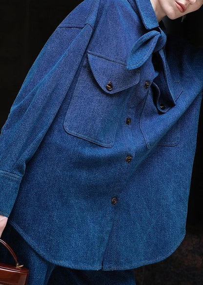 Denim Blue Peter Pan Collar Button Shirt and Pants Two Pieces Set Spring
