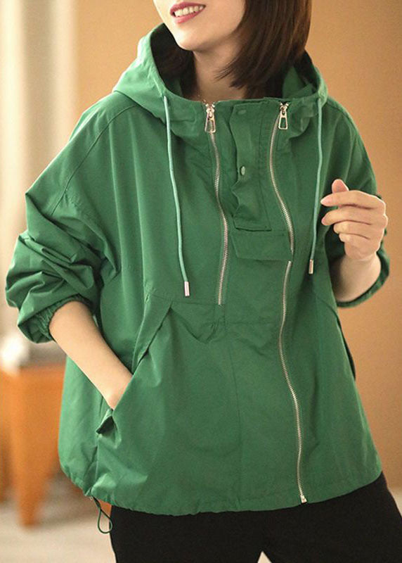 Green Oversized Zippered Drawstring Cotton Hooded Coat Long Sleeve