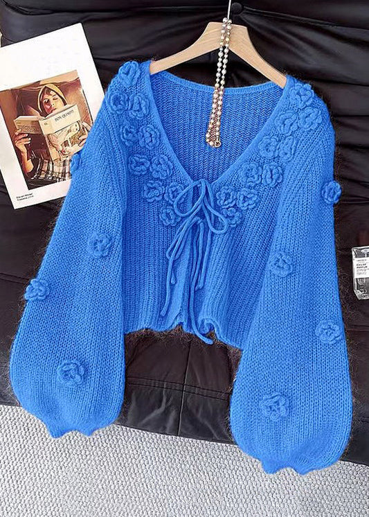 Blue V Neck Lace Up Cozy Knit Cardigans Fall