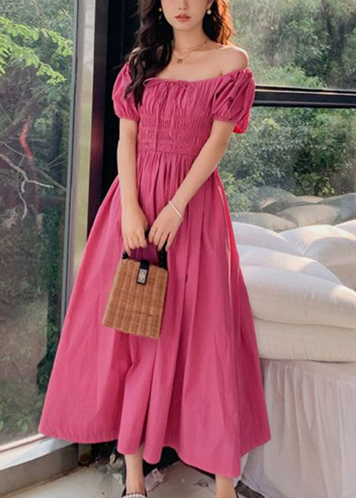 New Rose Lace Up Wrinkled Cotton Long Dress Short Sleeve