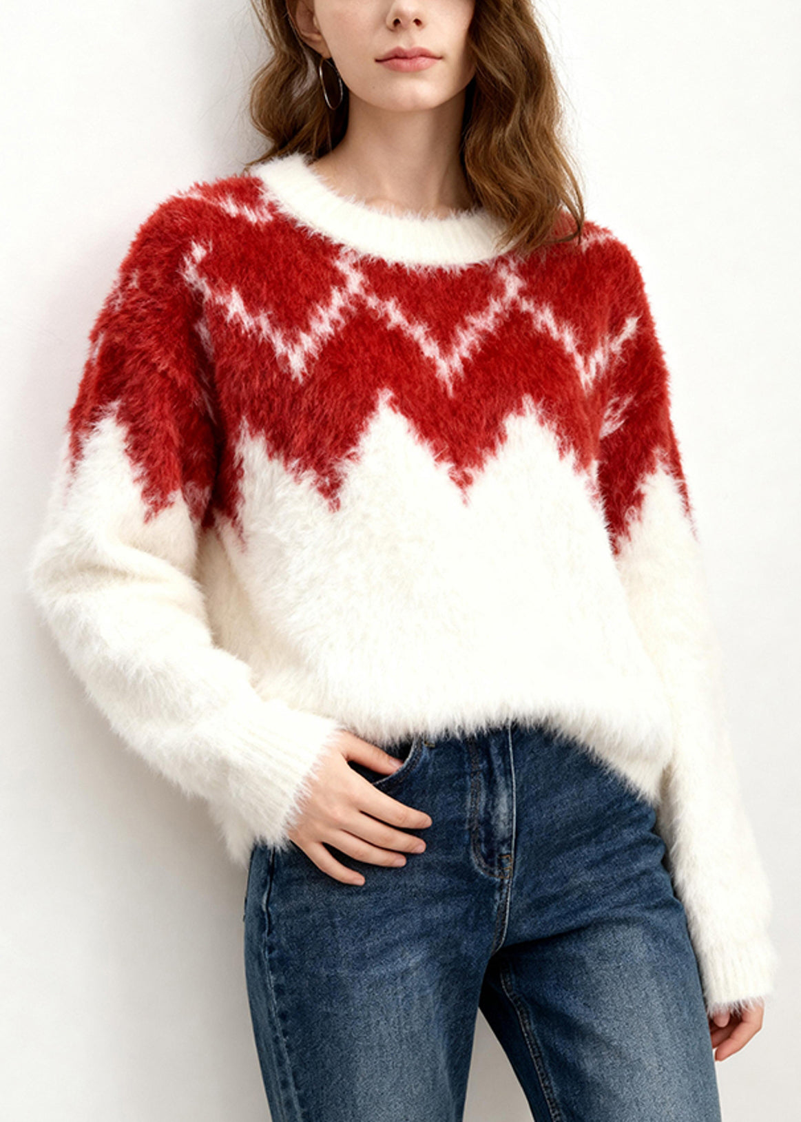 White Red Patchwork O-neck Print Cotton Knitted Sweater Long Sleeve