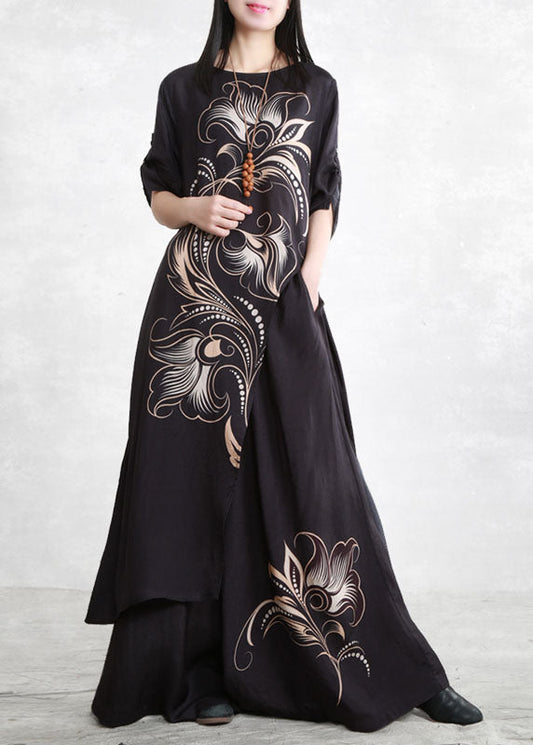 Black Asymmetrical Pockets Print Tops and Wide Leg Pants Two Pieces Set Spring
