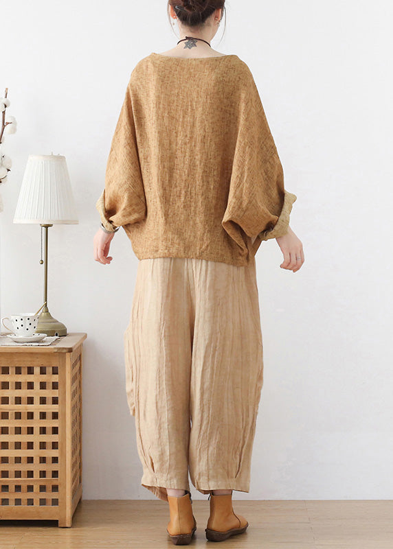 Khaki Linen Loose Pullover Sweatshirt Batwing Sleeve