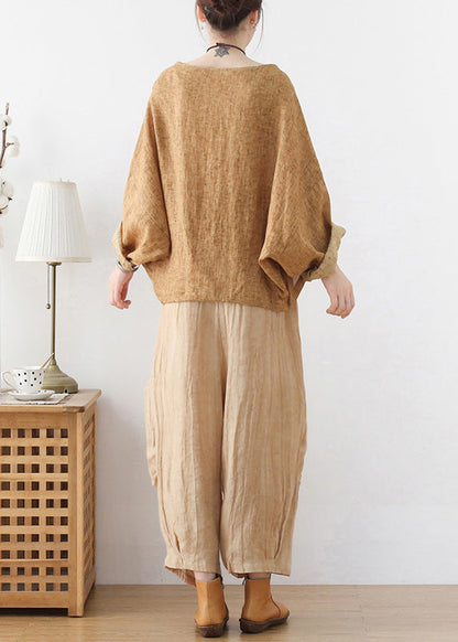 Khaki Linen Loose Pullover Sweatshirt Batwing Sleeve