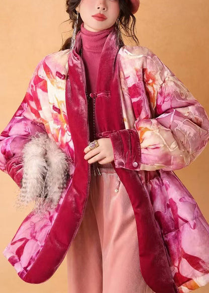 Pink Cinched Print Duck Down Silk Velour Coat Winter