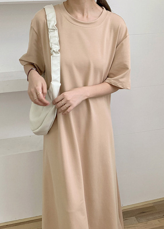 Apricot O-neck Cozy Cotton Long Dresses Short Sleeve