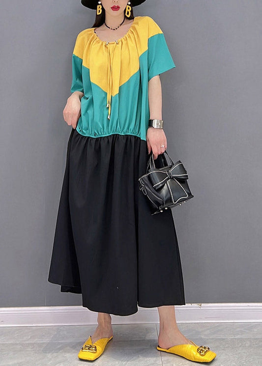 O-neck Patchwork Drawstring Wrinkled Chiffon Dress Short Sleeve