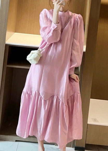 Pink O-neck Patchwork Wrinkled Long Dress Spring