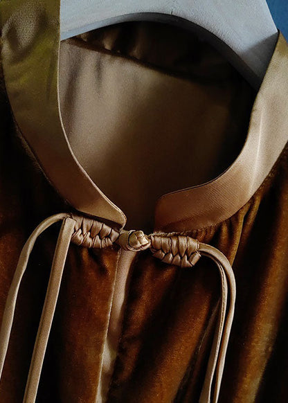 Chocolate Tasseled Patchwork Chinese Button Silk Velour Vest Sleeveless