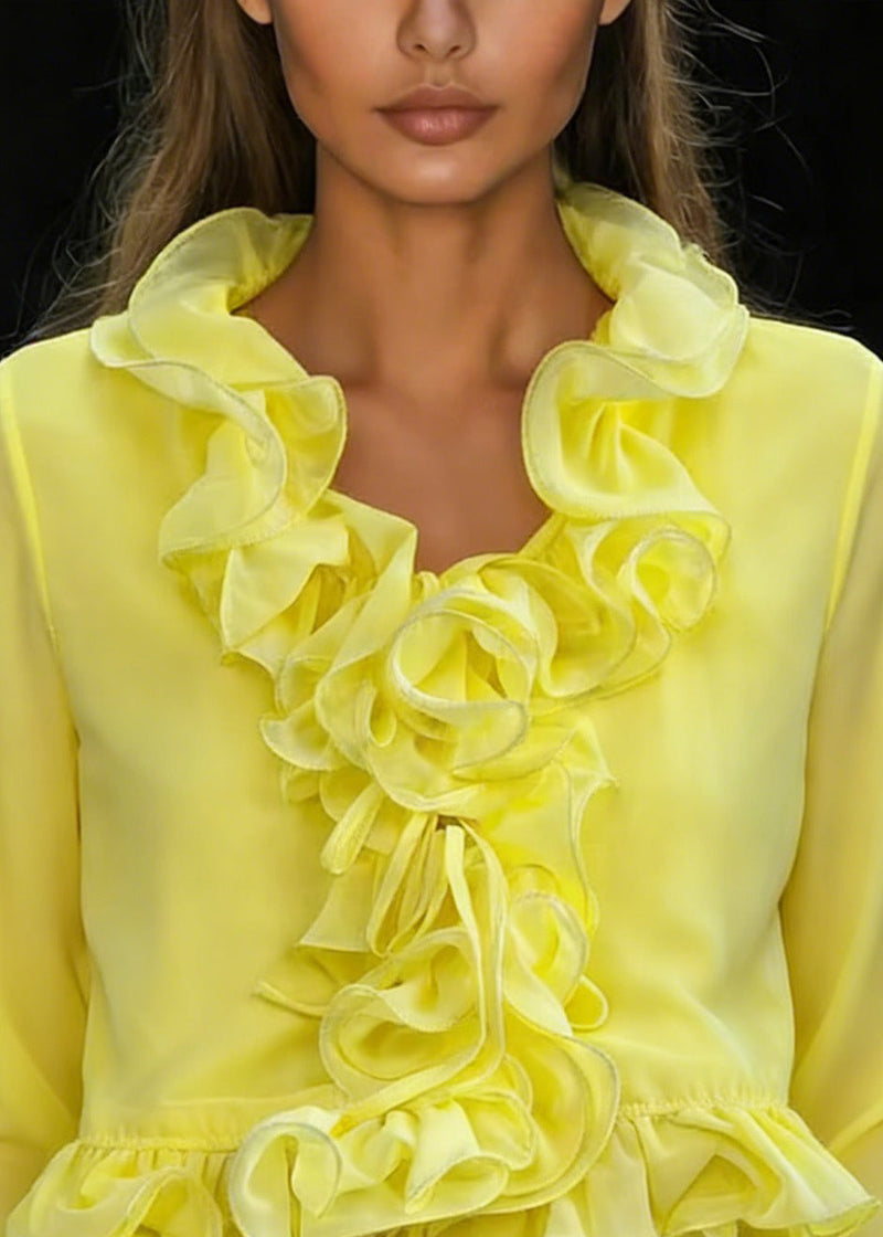 Fine Yellow Ruffled Patchwork Chiffon Top Spring