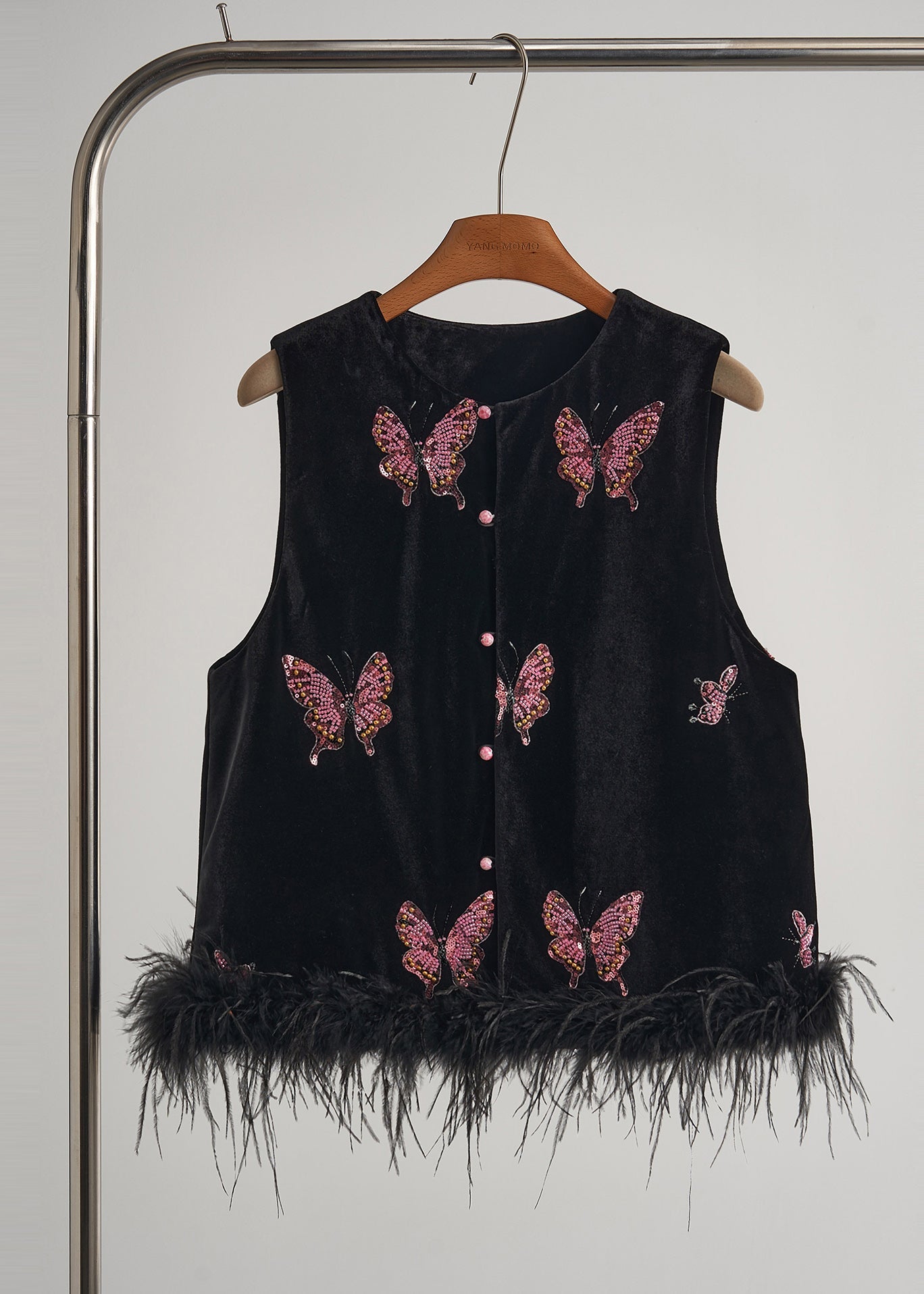 Black Butterfly Patchwork Feather Silk Velvet Two Piece Set Clothing Fall
