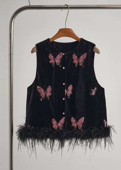 Black Butterfly Patchwork Feather Silk Velvet Two Piece Set Clothing Fall