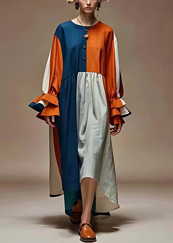 Colorblock Oversized Patchwork Linen Dress Flare Sleeve