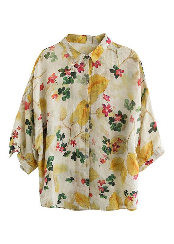 Print Peter Pan Collar Button Summer Linen Top Three Quarter Sleeve