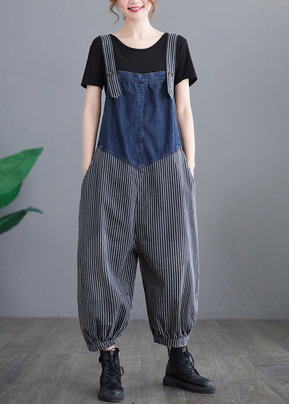 French Navy Striped Pocket Patchwork Denim Overalls Jumpsuit Spring
