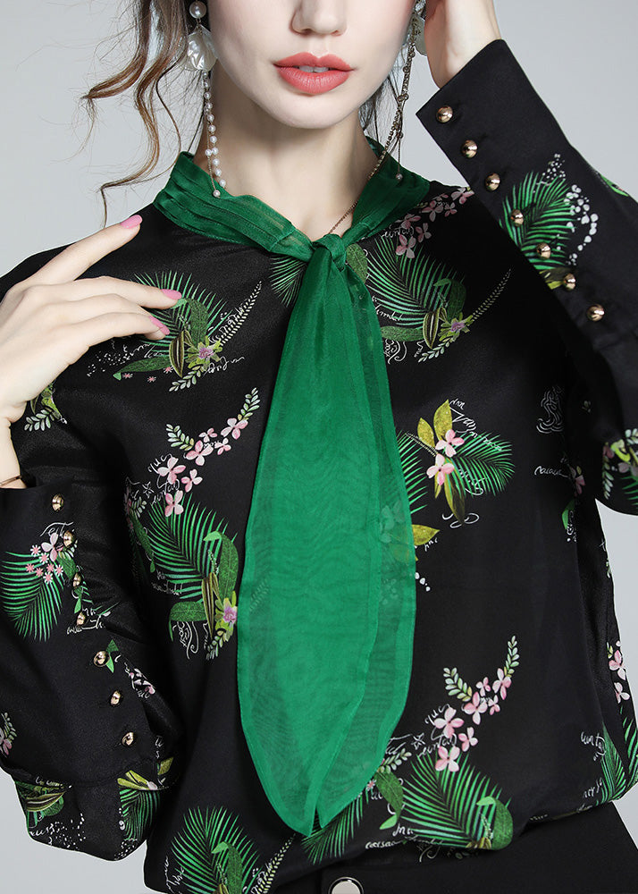 Black Stand Collar Print Silk Shirt Spring