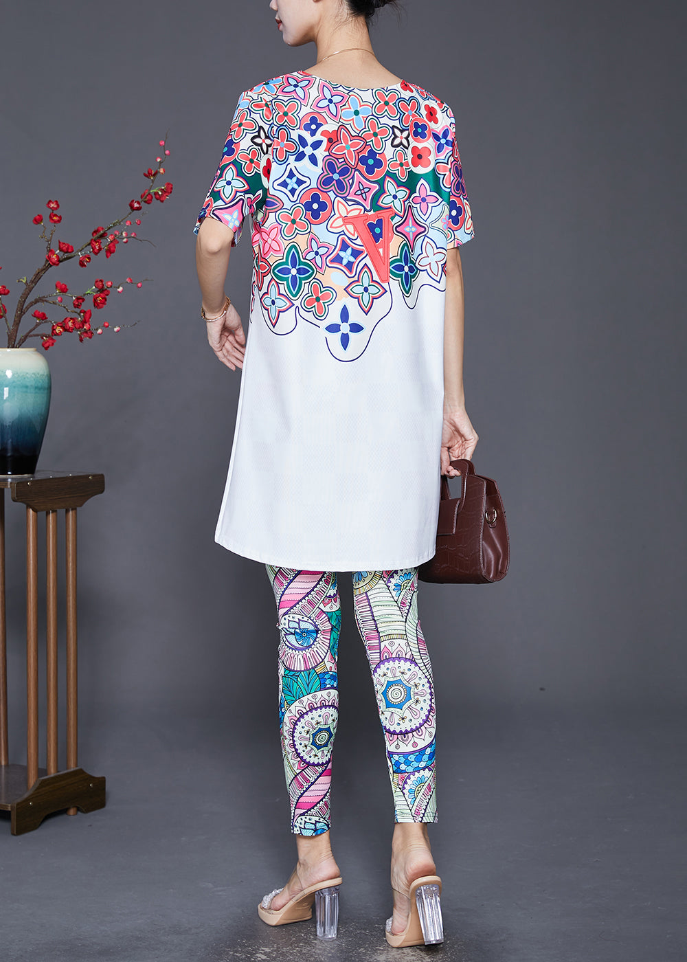 Organic White Print Slim Fit Spandex Two Piece Set Clothing Fall
