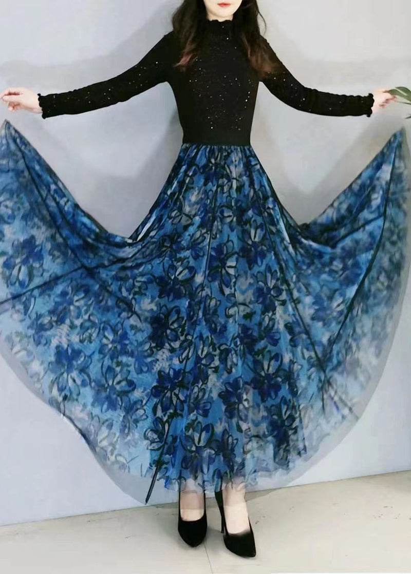 Blue Print Wrinkled High Waist Tulle Skirt Spring