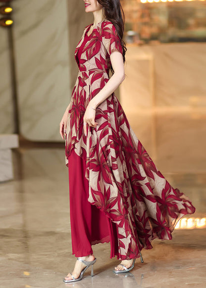 Red Asymmetrical Patchwork Print Chiffon Dress Summer