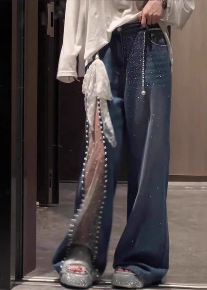 Blue Oversized Patchwork Lace Denim Straight Pants Fall