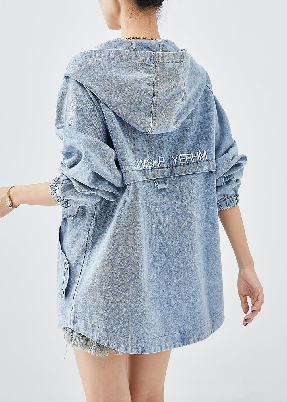 Diy Blue Hooded Letter Embroideried Denim Coat Fall