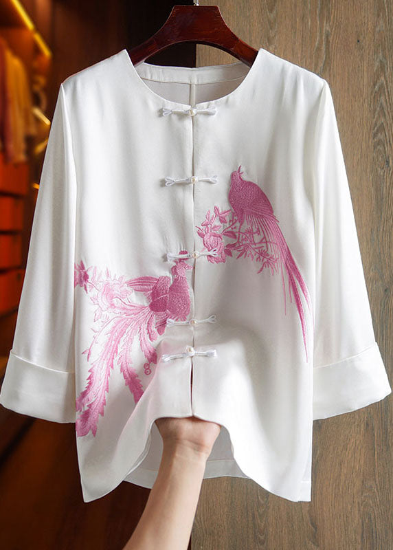 Classy Pink O-neck Embroideried Silk Top Long Sleeve