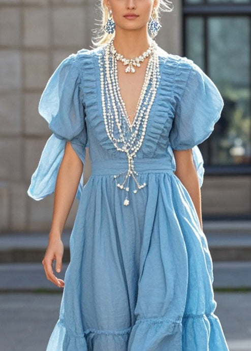 Sky Blue Puff Sleeve Nail Bead Cotton Long Dress