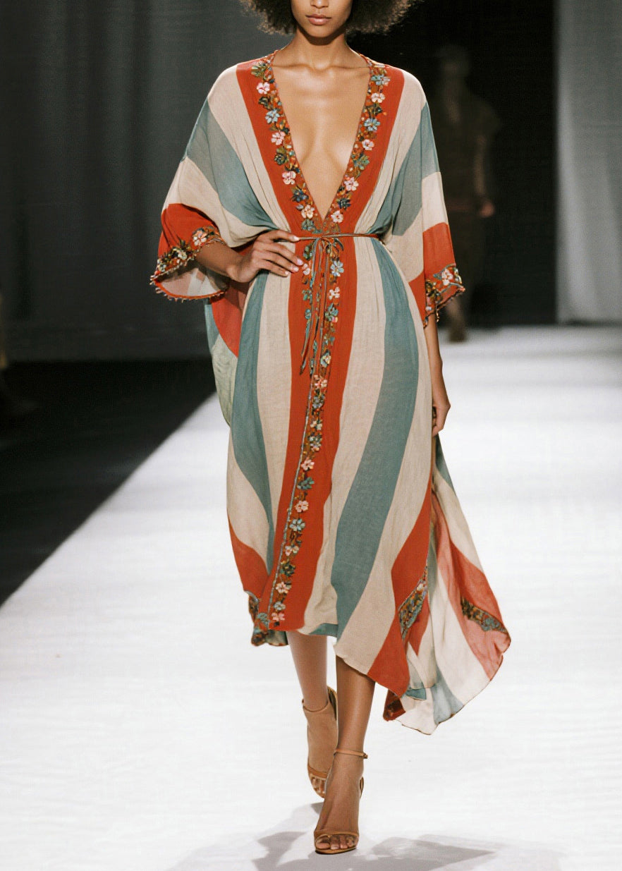 Colorblock V Neck Striped Cotton Tunic Dresses Summer