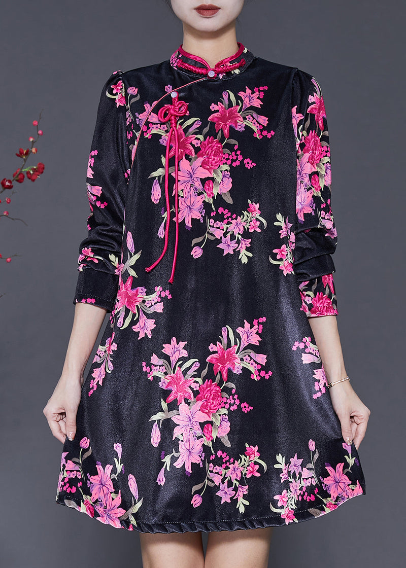 Chinese Style Black Print Silk Velour Mini Dresses Spring