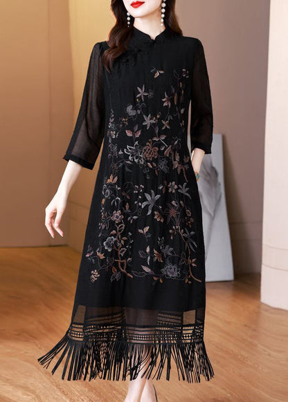 Black Tasseled Embroidered Silk Long Dresses Bracelet Sleeve