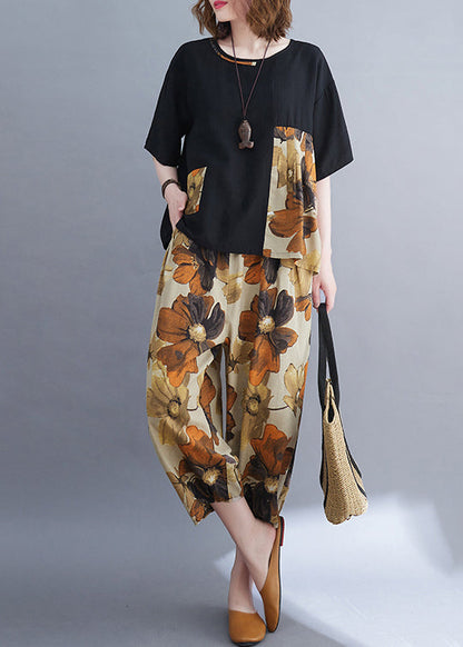 Black Oversized Patchwork Cotton Two-piece Set Summer