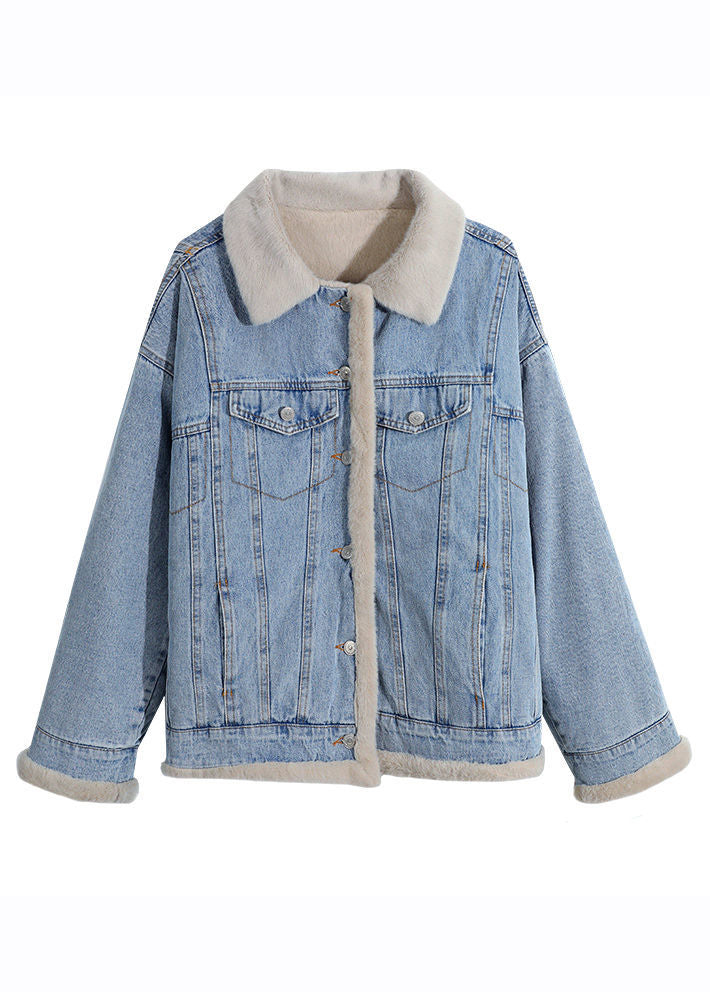 Light Blue Peter Pan Collar Pockets Warm Fleece Denim Coats Long Sleeve