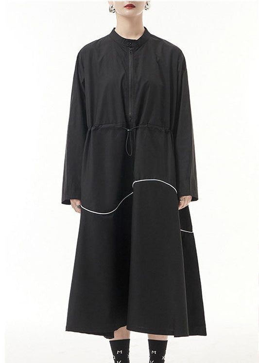 Unique Black Drawstring Zippered Stand Collar Dress Spring