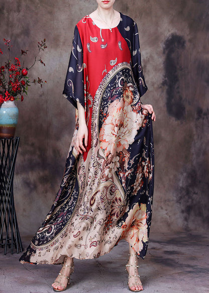 Red O-neck Asymmetrical Print Silk Holiday Dress Half Sleeve