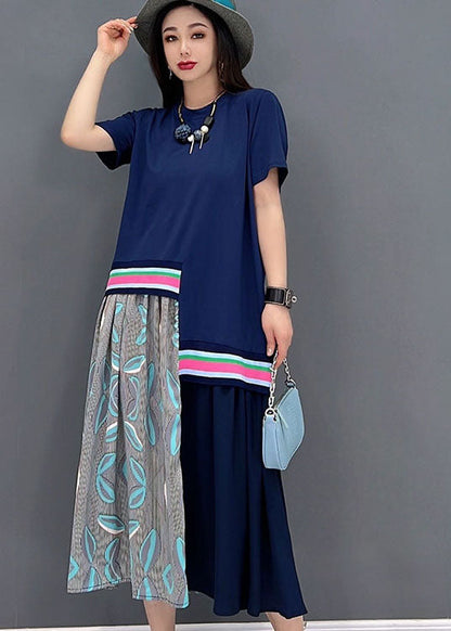 Blue O-neck Asymmetrical Design Cotton Maxi Dress Short Sleeve