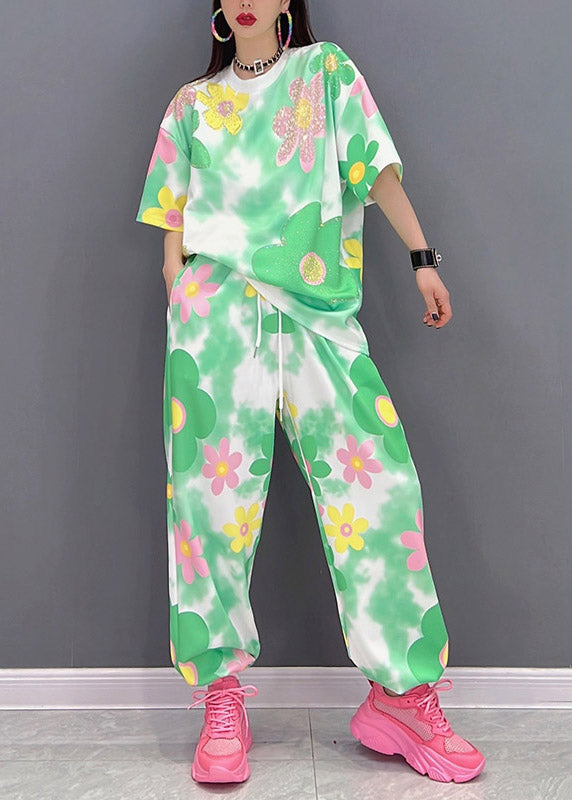 O-neck Print Top and Pants Chiffon Two Piece Set Summer