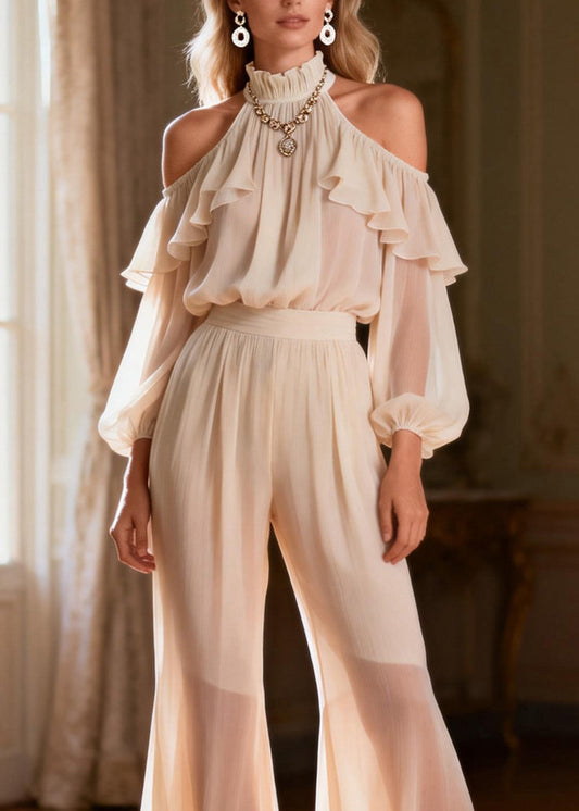 French Cold Shoulder Ruffled Patchwork Silk Two Pieces Set Spring