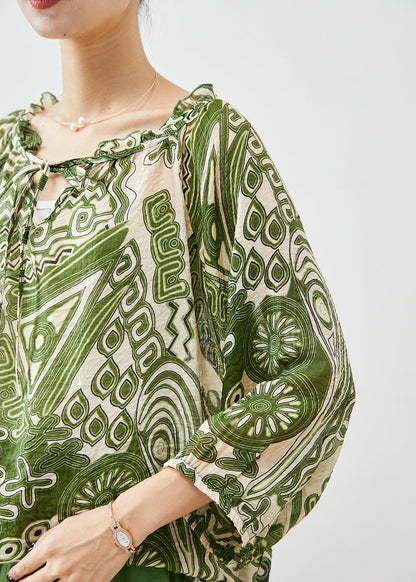 Green Ruffled Print Linen Two-piece Set Fall