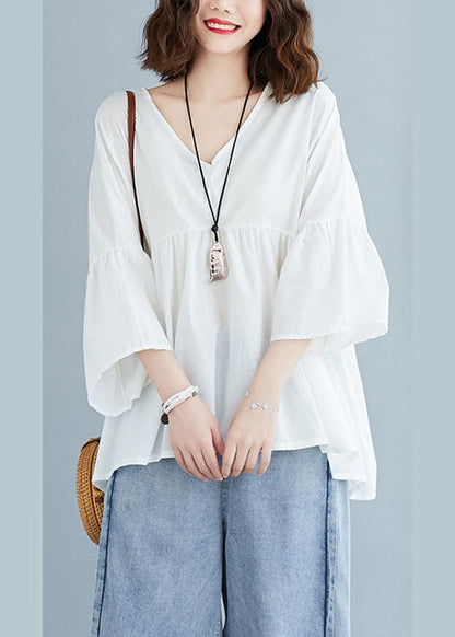 White V Neck Patchwork Loose Fall Tops Half Sleeve