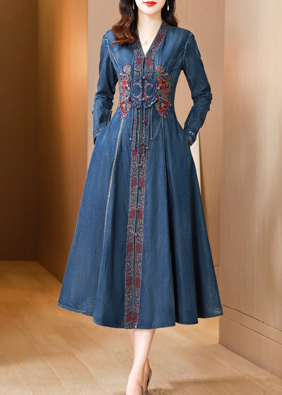 Blue V Neck Embroideried Patchwork Denim Dresses Spring