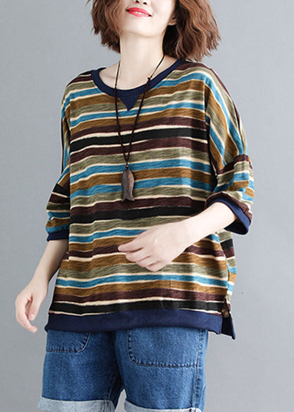 Colorblock O Neck Striped Patchwork Cotton Tops Summer