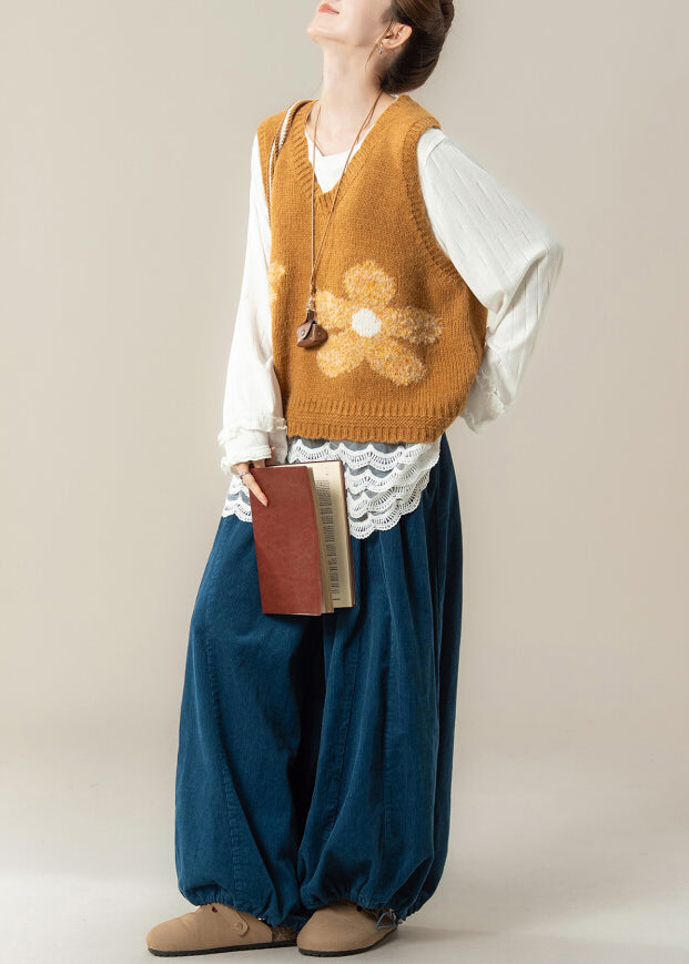 New Yellow V Neck Knit Vest Cotton T Shirt and Corduroy Pants 3 Piece Set Spring