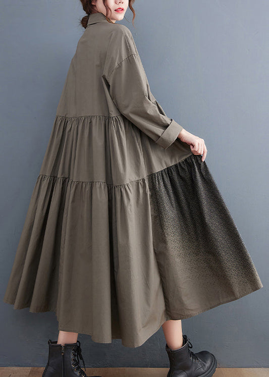 Grey Pockets Cotton Shirt Dresses Wrinkled Long Sleeve